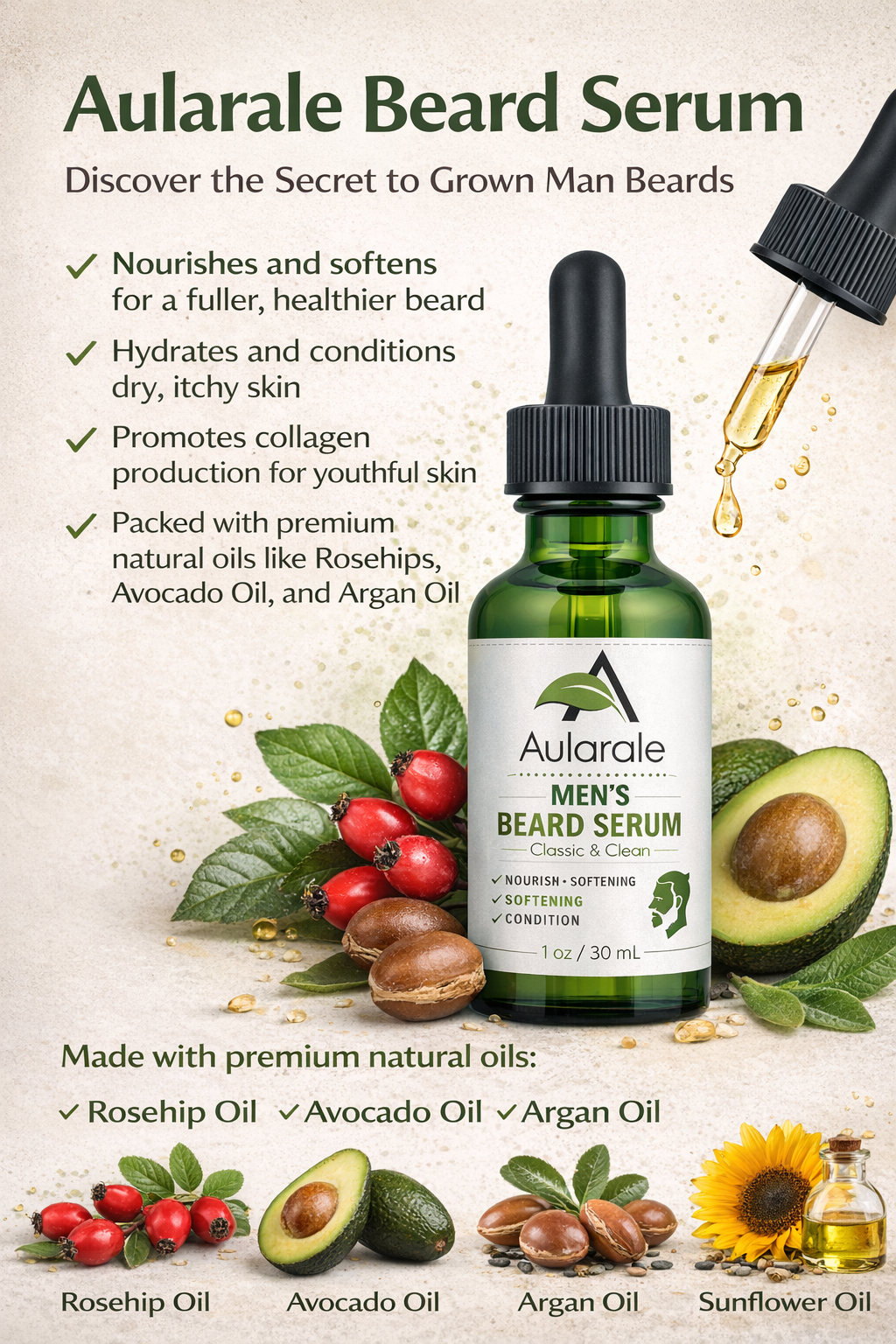 Men’s Beard Serum with Vitamin E & Rosemary for Thicker, Softer & Stronger Beard Growth